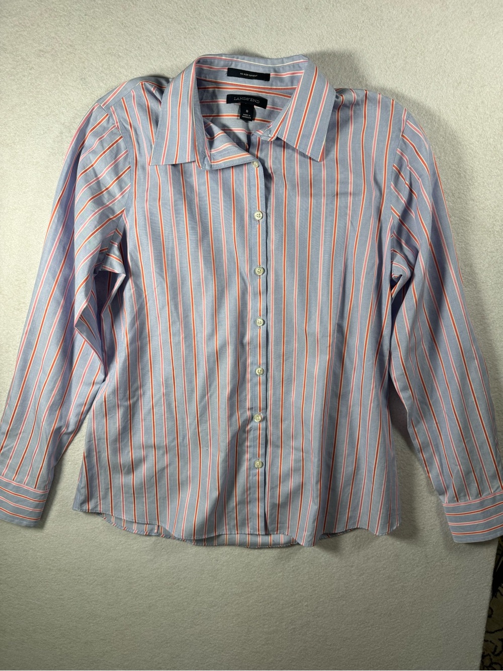 Lands' End Light Blue Shirt with Coral Stripes